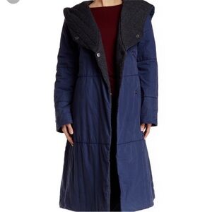 Free People Navy and Charcoal Hooded Poplin Blanket Coat